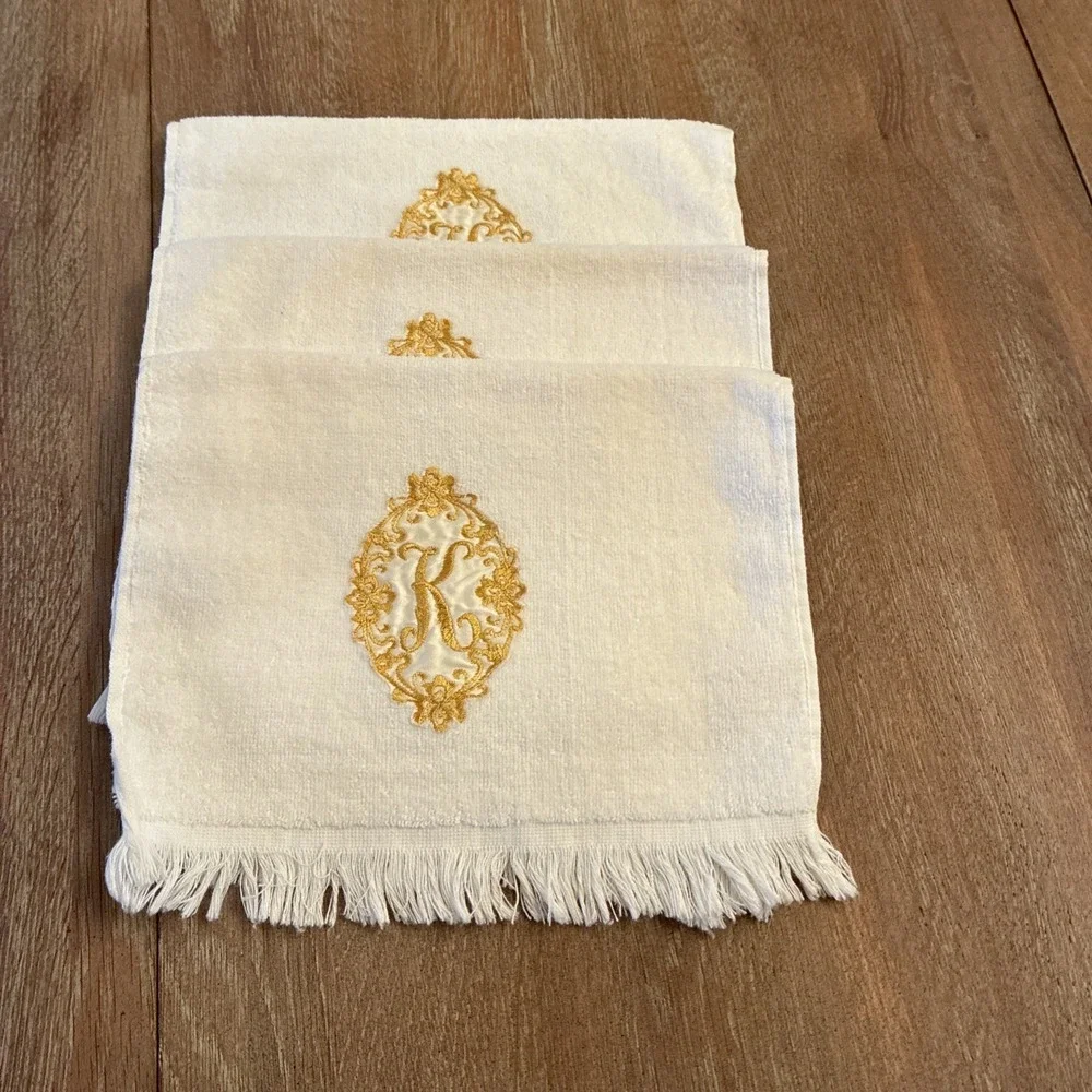VTG Cannon Monogrammed Initial K Finger Tip Towel Lot Of 3 White With Gold
